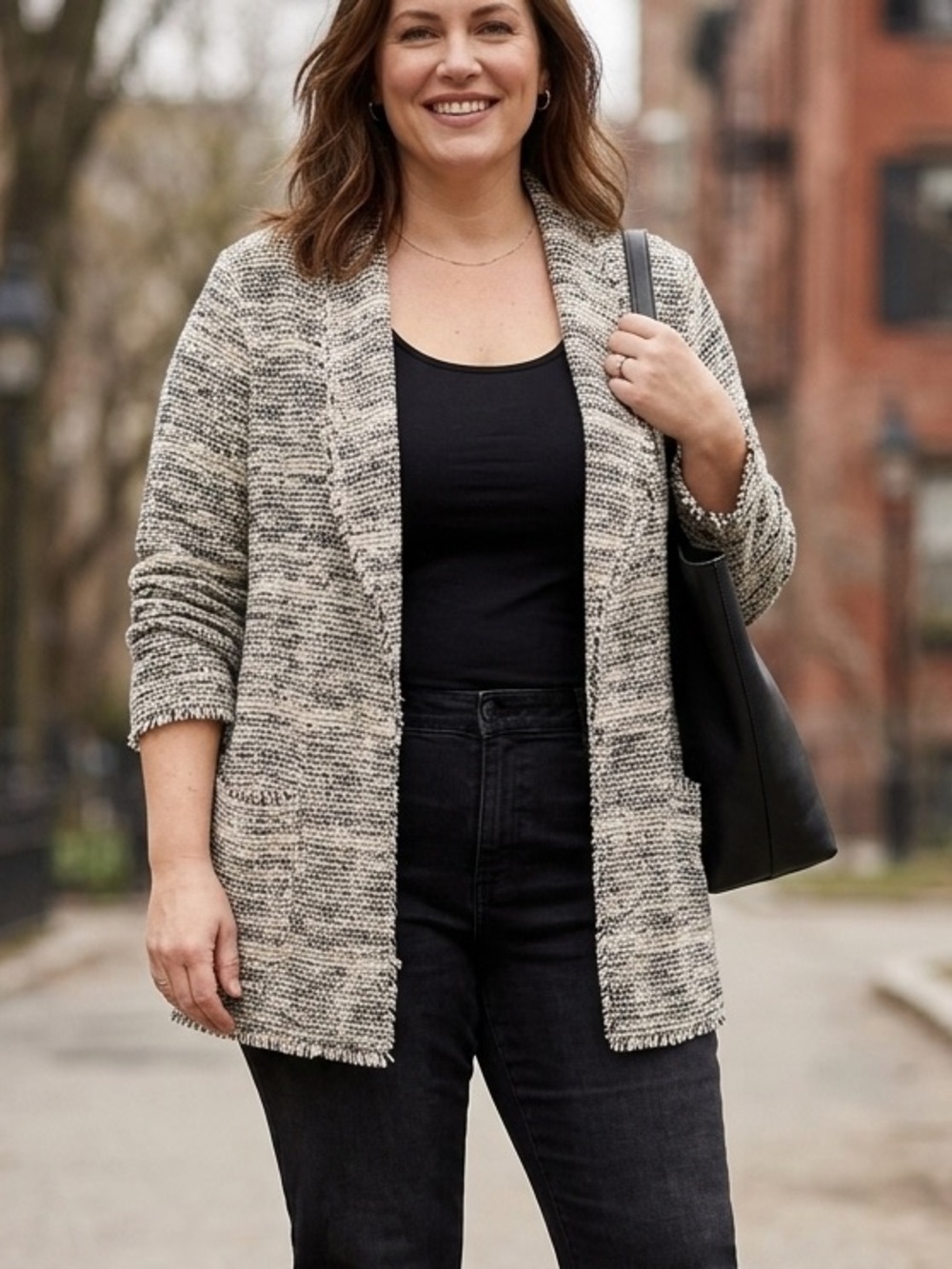 NWT Max Studio Black & Ivory Open Front Cardigan 3X Fringe Detail